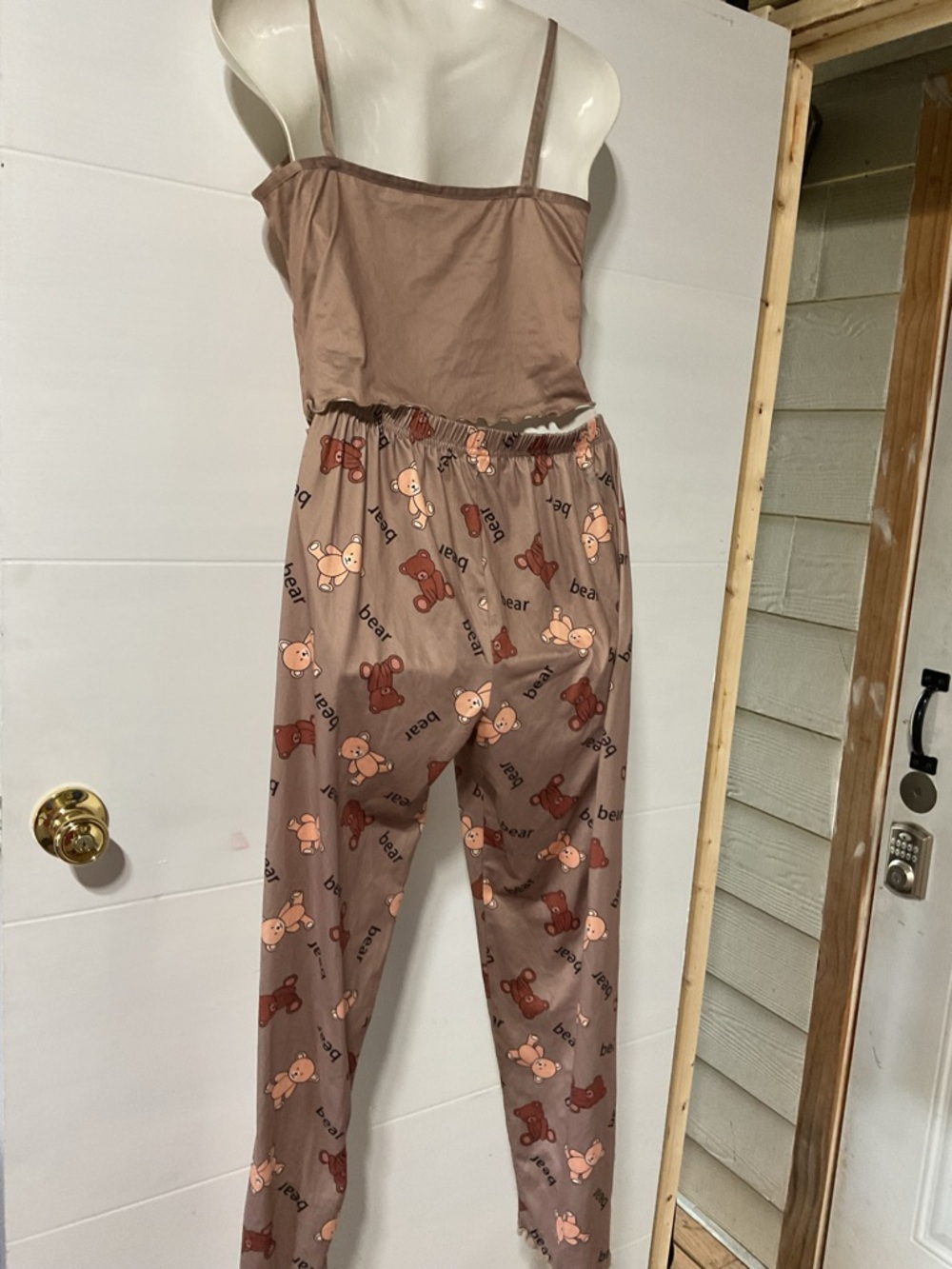 Bear Print Spaghetti Strap Pajama Jumpsuit - Brown - Picture 2 of 10